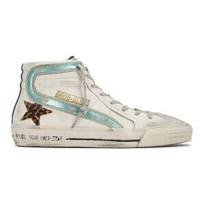 Golden Goose Slide Sneakers Women’s White Leather Leopard Star Green Stripe 37'
